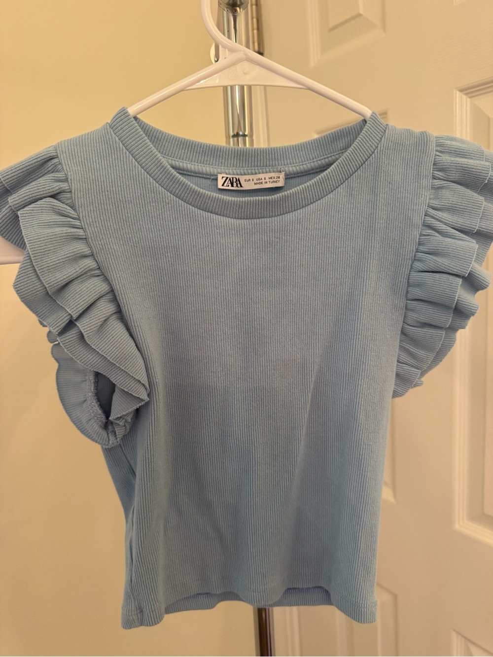 ZARA Sky Blue Ribbed Ruffle Sleeve Top